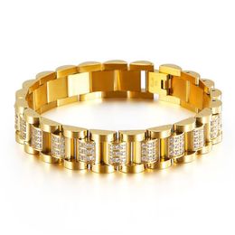 High Quality Gold Colour Watchband Chain Bracelets Stainless Steel Rose CZ Crystal Zircon Biker Link Bracelets Bangle Jewellery For M2990