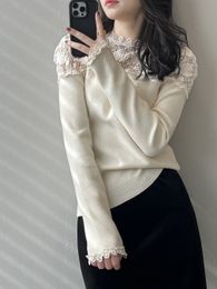 Lace patchwork knitted sweater for women 2, with a sweet winter design and a long sleeved base layer underneath