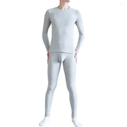 Men's Thermal Underwear 2Pcs/Set Men Cotton Long Johns Round Neck Tops Bulge Pouch Bottom Pant Autumn Winter Set