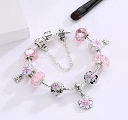 16 to 21CM pink oriental cherry charm bracelet 925 silver chain flower beads fit DIY Wedding Jewellery Accessories for new year presents7151031