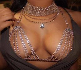 2021 Rhinestone Crystal Bikini Bra Body jewelry Top Chest Belly Tassel Chains over Harness Necklace Festival Party Cover Up5292622