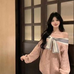 Women's Sweaters 2023 Autumn And Winter Sweet One-shoulder Tops For Women With Bow V-neck Pink Loose Slim