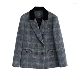 Women's Suits High Quality Grey Plaid Woolen Blazer Jacket Double-Breasted Korean Autumn Winter 2023 Loose Suit Coat Outerwear