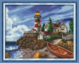 Tools The seaside lighthouse scenery home decor painting ,Handmade Cross Stitch Embroidery Needlework sets counted print on canvas DMC 1