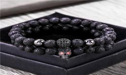 Beaded Strands 8mm Black Lava Stone Beads Bracelet Set Skull Men Bracelets For Women Jewellery Pulsera Hombre Armband Accessories2387891