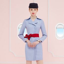 Conjunto profissional de uniforme de comissário de bordo da Air France, clube de beleza, roupa de trabalho para aeromoça de companhia aérea europeia, vestido slim fit + chapéu