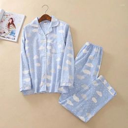 Women's Sleepwear Full Cotton Ladies Pajamas Set Simple Style Cartoon Cloud Printed 2023 Autumn And Spring 2Pcs Homewear Casual Wear