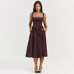 Casual Dresses Mingmignxi Autumn Dress Woman 2023 Trendy Midi Spaghetti Strap Brown Long One-piece Gown In Sexy Birthday