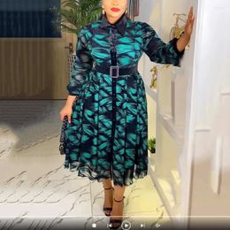 Casual Dresses Elegant For Women Turn Down Collar Full Sleeve Single Breasted Belt Waisted Mid Calf African Female Birthday Party Dress