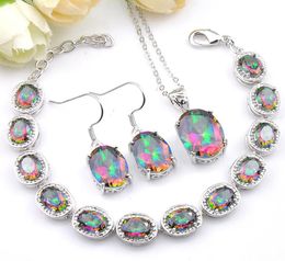 3 Pcs Wedding Jewellery Gift Oval Colourful Mystic Topaz Prasiolite 925 Sterling Silver Necklace Zircon Bracelets Earrings Pendants J4643033