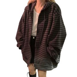 Autumn Spring Long Sleeve Oversized Sweatshirt Harajuku Vintage Striped Zip Up Hoodie Korean Grunge Emo Alt Streetwear 231225