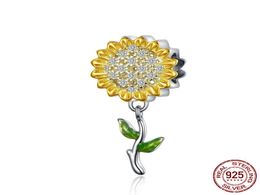 Cute Real Sterling Silver Charm Beads for European Bracelet Unique DIY Golden flower jewellery2213182