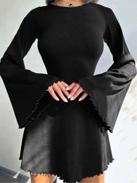 Casual Dresses Fashion Round Neck Flare Sleeves Mini Dress Elegant Solid Pleated Backless Slim A-line 2023 Autumn High Street Vestidos