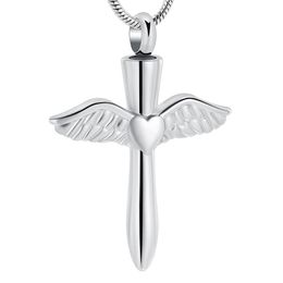 IJD12240 Stainless Steel Angel Wings Heart Cross Cremation Jewelry Pendant for Pet Human Memorial Ash Keepsake Necklace256r