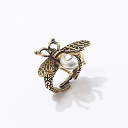Fashion Fashion Copper Gilded Vintage Insect Beetle Bee Pearl Ring for woman2878