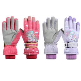 Children Winter Ski Gloves Waterproof Antiskid Coating Cartoon Unicorn Mittens Snowboard Sports Boys Girls 231225