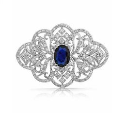 2 Inch Vintage Look Clear Rhinestone Crystal Diamante Wedding Jewellery Brooch With Blue Stone5971667