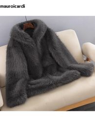 Mauroicardi Autumn Winter Thick Warm Soft Hairy Gray Faux Fox Fur Coat Men with Hood Long Sleeve Luxury Black Fluffy Jacket 231226