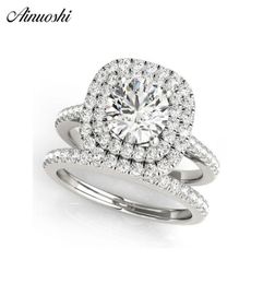 AINUOSHI 925 Sterling Silver Women Wedding Engagement Ring Sets Double Halo 1ct Round Cut Wedding Ring Sets anillos de plata Y20014165542