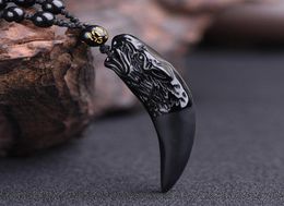 New whole 100 natural obsidian Wolf039s Tooth pendant Tooth Amulet and hyperbole punk necklace lucky win necklace8654542