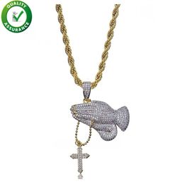 Hip Hop Jewellery Designer Necklace Iced Out Pendant Mens Gold Chain Rapper Christian Cross Praying Hands Pendants Diamond CZ Luxury1731104