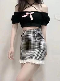 Skirts Plaid Mini Skirt Women Summer Short Lace Trim Female Preppy Style High Waist Girl A-line