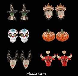 Stud HUANZHI Halloween Dripping Oil Zircon Pearl Pumpkin Skeleton Witch Stud Earring 2208268474014