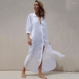 Women's Swimwear White Cotton Long Cover-ups Beachwear Women 2023 Summer V Neck Half Sleeve Button Solid Bikini Coat Loose Backless