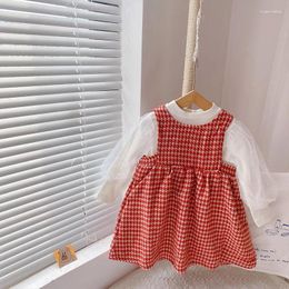 Girl Dresses Autumn 2023 Children's Cute Dress Mesh Long Sleeve T-Shirt Tops Plaid Print Sundrss Princess Girls Pleated Kids Outfit