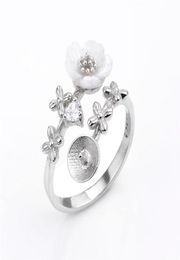 Pearl Ring Settings 925 Sterling Silver Findings Flower White Shell Zircon Pearls Mount DIY 5 Pieces3201230