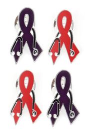 20 PcsLot Fashion Red And Purple Enamel Brooches Ribbon Shape With Stethoscope Breast Cancer Awareness Medical Butterfly Pins For1093209