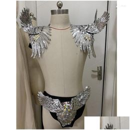 Stage Wear Y Bar Sier Sequins Wing Epaet Shoder Ornaments Crystals Shorts Outfit Mens Dancer Gogo Costume Accessories Drop Delivery Dhlwj