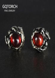 100 Pure 925 Sterling Silver Stud Earrings for Women Men Dragon Earrings Vintage Skeleton Gothic With Garnet Natural Stone 2103251847563