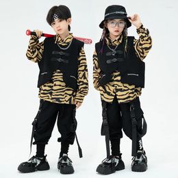 Stage Wear Modern Hip Hop Dance Clothes For Teenagers Kids Black Vest Cargo Pants Long Sleeves Street Suit Girls Boys Costume BL9304