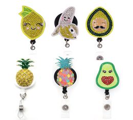 10 pcslot Fashion Key Rings Office Supply Cute Fruit Rhinestone Banana Avocado Lemon Pineapple Retractable Badge Holder Accesso1344053