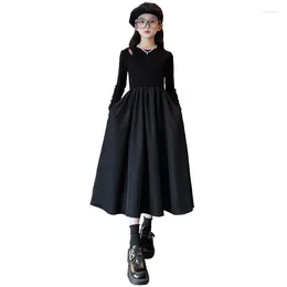 Girl Dresses Girls Black Dress High-Waisted A-Line French Style Autumn Long Sleeve Off-The-Shoulder Cutout Sweater Patchwork For Kids