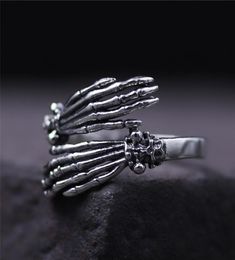 925 sterling silver ring Creative skull bone finger ring ghost claw hand tidal mens and womens rings retro skull hip hop Jewellery c2547816
