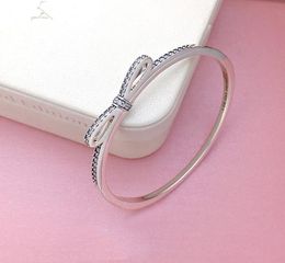 Womens 925 Sterling Silver CZ Diamond Bow Bangle Bracelets Original logo box for Real Silver Bangle Women Gifts Gift Jewelry9259376