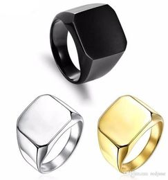 Fashion Rings Square Big Width Signet Rings 24K Titanium Steel man Finger Silver Black Gold Men Ring Jewelry5487468