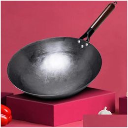 Pans Traditional Iron Wok Non Coating Woks Hand Forged For Kitchen Panwooden Handle Gas Pot Cookware 230224 Drop Delivery Dh9Yj