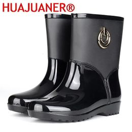 Rubber Rain Boots for Women Waterproof High Heel Fashion Girls Shoes Ladies Short Ankle PVC Rainboots Non-slip Fur Leather Boots 231226