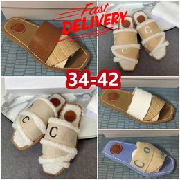 Sandles Designer slides womens lady woody sandals fluffy flat mule slide white pink lace lettering canvas fuzzy fur slippers summer shoes