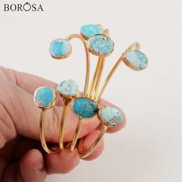 Borosa Natural Blue Stone Hand Cuff Bangle Irregular Gold Color Natural Turquoises Bangles for Women Bracelets Charms Cl260 Q0719243s