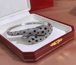 whole high quality designer double leopard cuff cubic zirconia paved bangle 18K yellow goldwhiterose gold plated bracelets f6935007