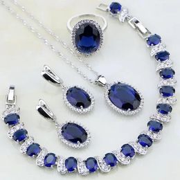 Bracelets Oval Sterling Sier Jewelry Blue Stones White Cz Jewelry Sets for Women Wedding Earring/pendant/necklace/bracelet/ring