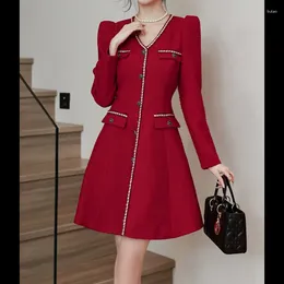 Casual Dresses Women Red Christmas Party Dress 2023 V-neck French Elegant Show Thin Wedding Small Fragrance Female Short Autumn