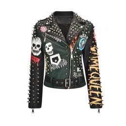 Spring Skull Pattern Graffiti Short Leather Jackets For Punk Women Rivet Slim Streetwear Motorcycle Jackets Coat 231226