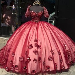 2024 Cute Red Luxury princess Quinceanera Dresses 3DFloral Applique Beads Off Shoulder Bustle Corset vestidos de 15 anos