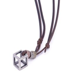 Retro Male Necklace 100 Genuine Leather Rope Punk Vintage Collar Jewelry Hollow Cube Box Pendant For Men Necklaces6445189