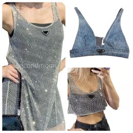 Women Designer Shiny Rhinestone Dress Classic Sexy Crop Top Vest Fashion Denim Bra Tops Sleeveless Sling Vests Ladies Dresses